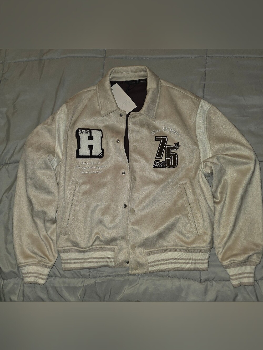 Zara Men's Varsity Bomber Jacket in Light Beige with Black Accents-NWT